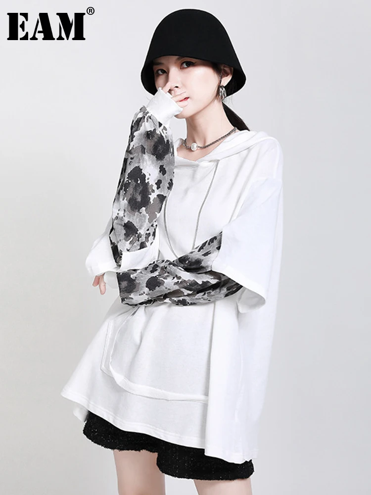 

[EAM] Loose Fit Printed Split Joint Sweatshirt New Hooded Long Sleeve Women Big Size Fashion Tide Spring Autumn 2022 1DA678
