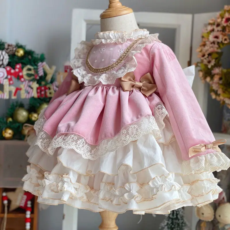 

Spring Autumn Winter Palace Style Wedding Kids Perform Costume Princess Lace Party Dress Vestido Fiesta Bridesmaid Dresses