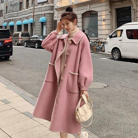Новинка Осень-зима 2023 Корейская версия модное и милое утепленное шерстяное пальто средней длины для женщин