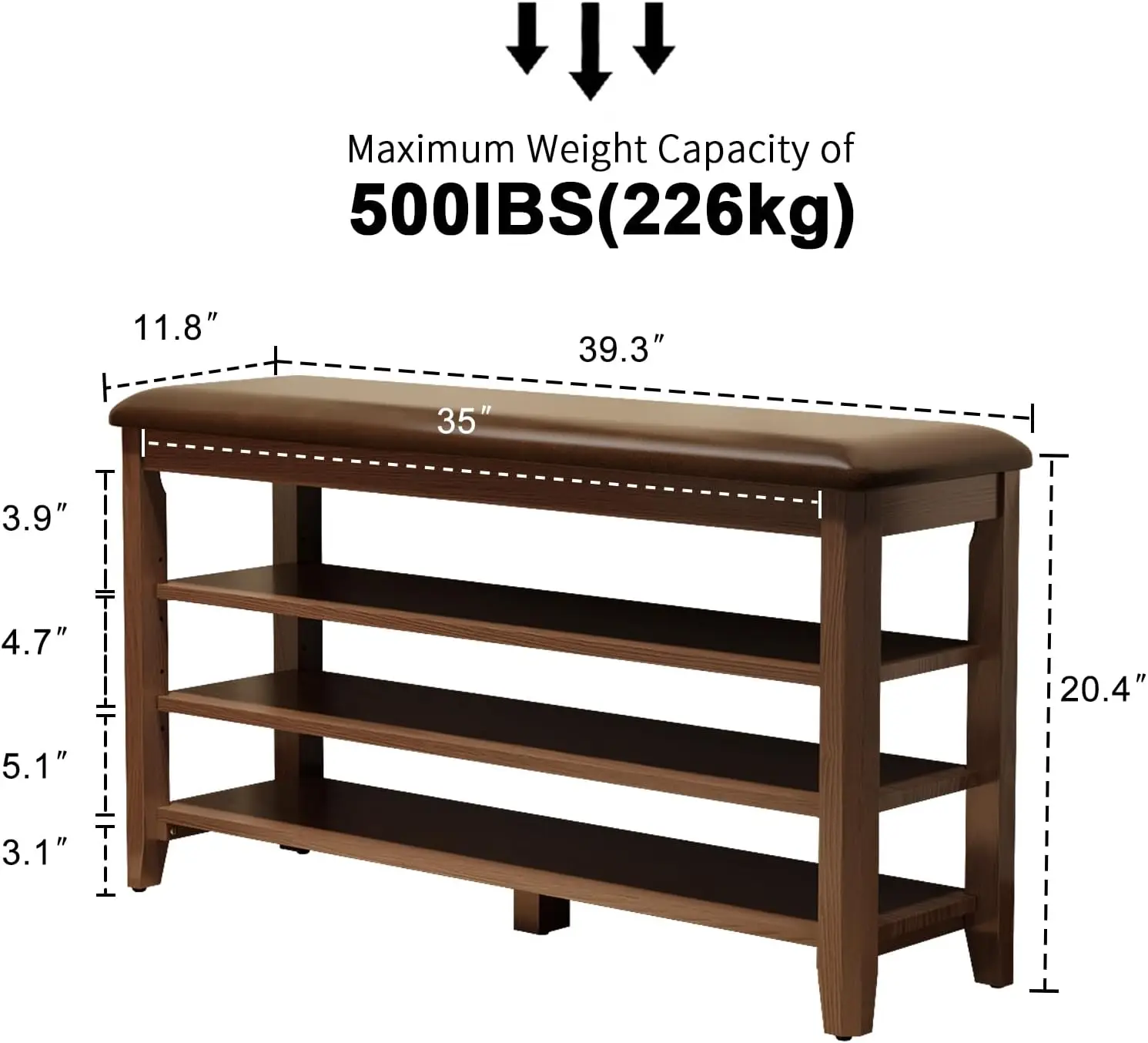 Скамейка для обуви с кожаной подушкой 3-ярусная скамейка хранения регулируемой