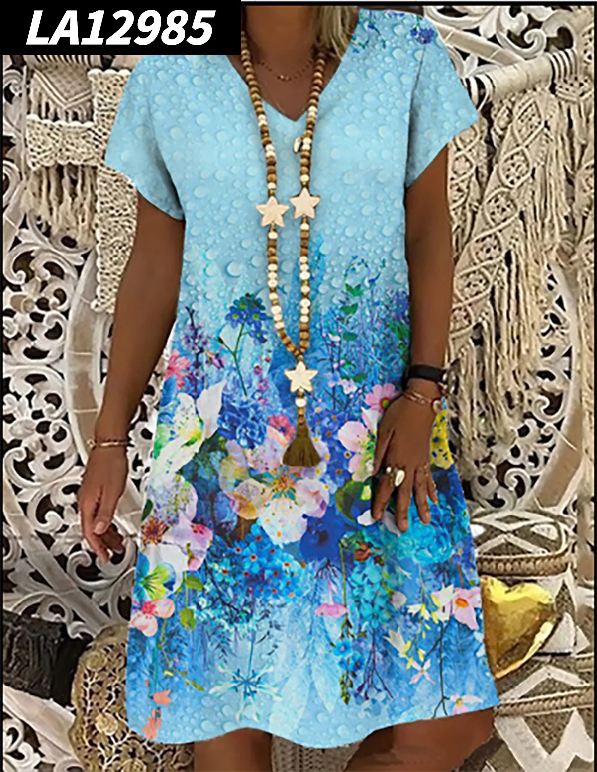 

Summer Women's Fashion Abstract Print Painting Dresses VNeck Elegant Female Dress Plus Size Knee Length Beach Party Skirt 2022