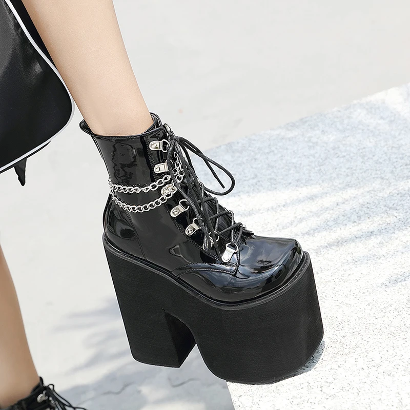 Winter Chain High Heels Women's Boots Square Toe Patent Leather Platform Solid Color Lace Up Black Sexy Ankle Boots Short Bootie