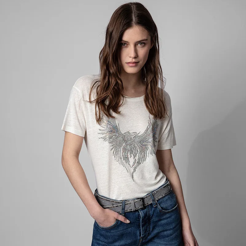 

Women's T-Shirt Printed Hot Drill Round Neck Loose Short Sleeve Tees Cotton Linen Casual
