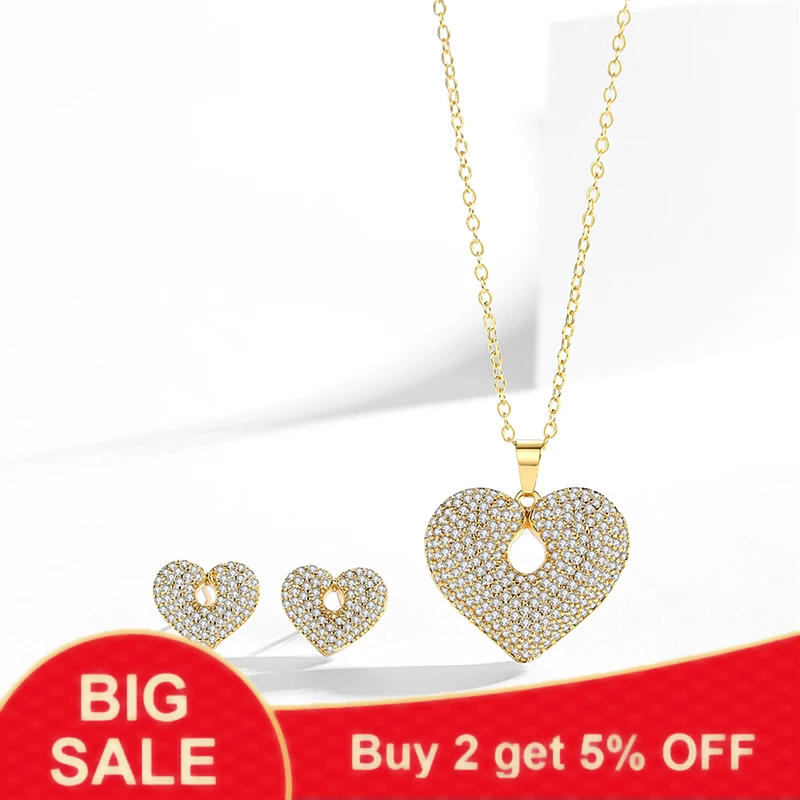 Фото Full Inlaid Zircon Openwork Heart Pendant Necklaces Earrings Jewelry Sets for Women Anniversary Gifts Party Accessories №1