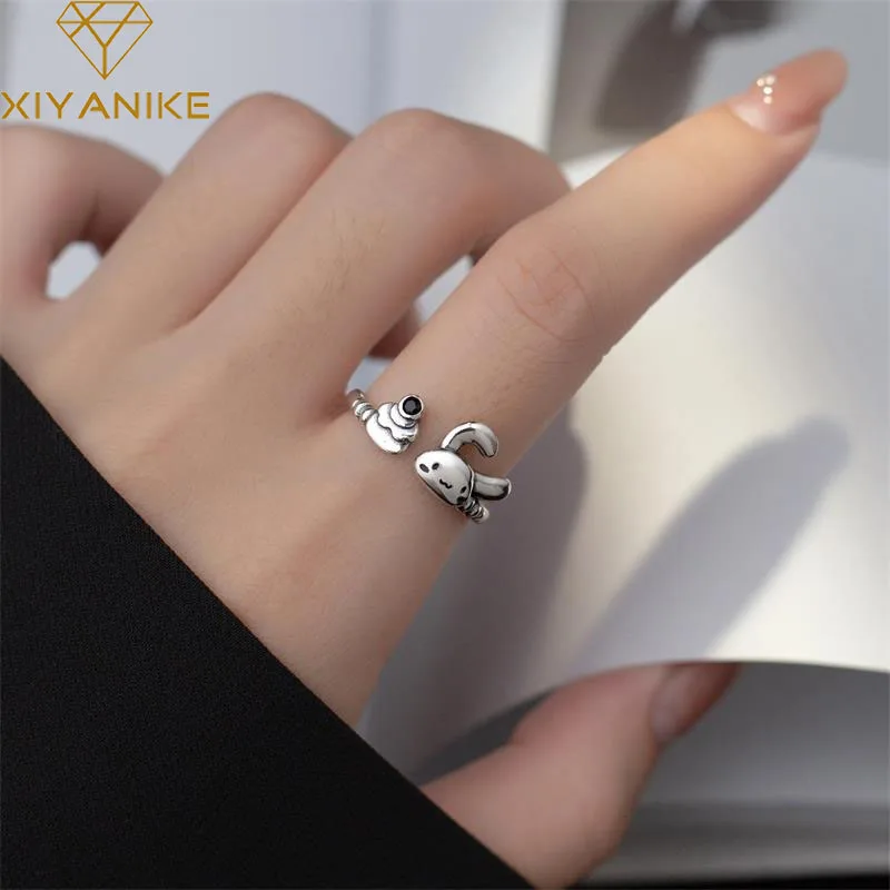 

DAYIN Vintage Thai Silver Cute Rabbit Cuff Finger Rings For Women Girl Fashion New Jewelry Friend Gift Party anillos mujer