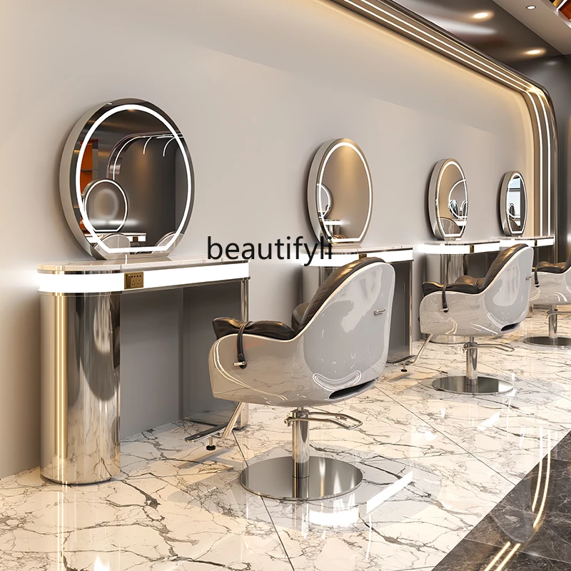 

Barber Shop Dressing Table Double-Sided Marble Hair Dressing Table Cabinet Stainless Steel Hot Dyeing Table with Light