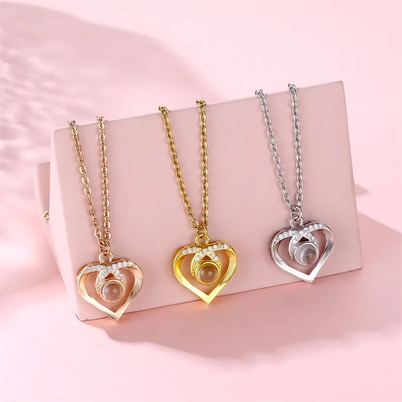 Customized Photo Projection Zircon Heart Pendant Necklace For Lover Jewelry Memory Gift Custom Picture Necklaces