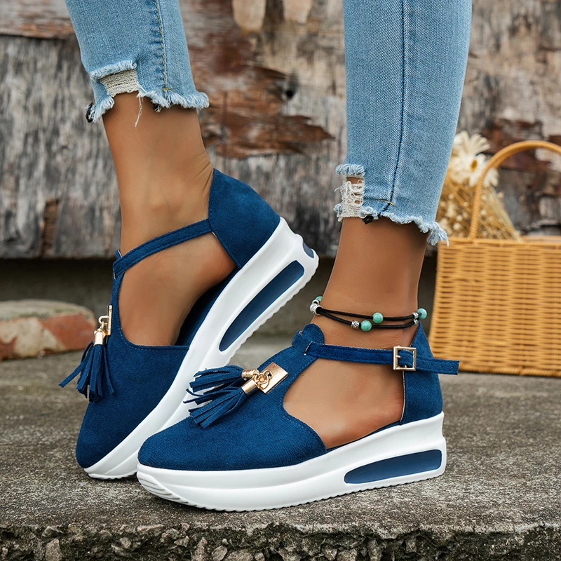 

Flat Shoes Summer Vulcanized Shoes Solid Color Thick Bottom Tassel Casua Women's Sandals Fashion L Style Bambas Mujer