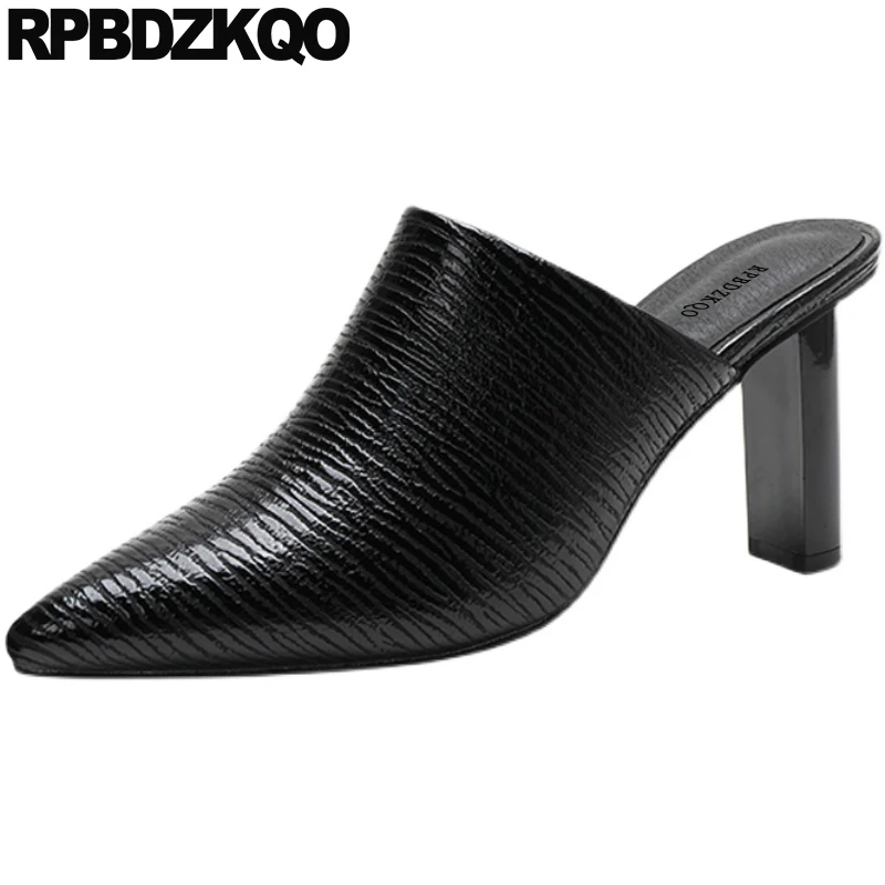 

8cm Pointed Toe Celebrity Novelty Plus Size Mules Slipper High Heels Genuine Leather Pumps Sandals Block Shoes For Women Zebra