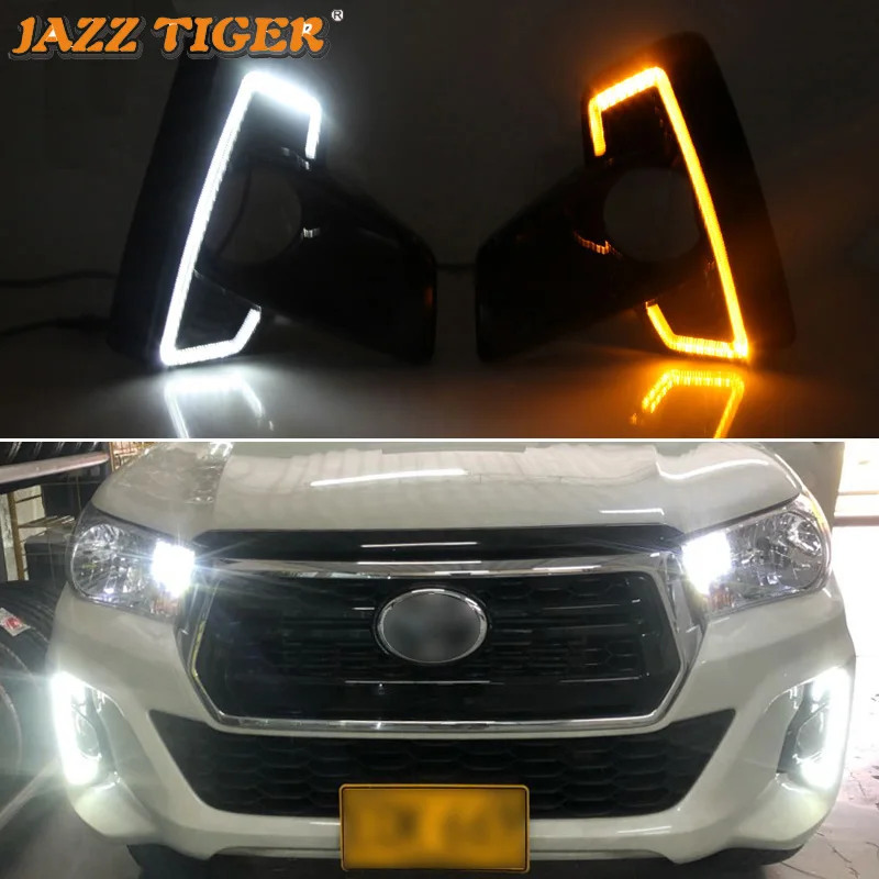 Car LED DRL Daylamps For Toyota Hilux Revo Rocco 2018 2019 2020 Yellow Turn Signal Daytime Running Light Auto Daylights