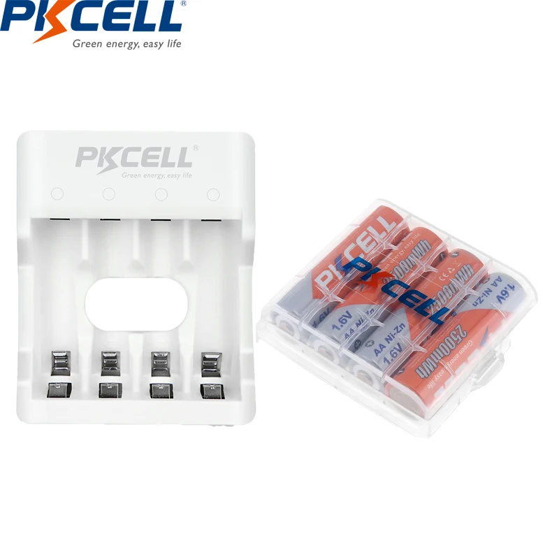 

4pcs PKCELL AA 2500mWh 1.6V Battery NIZN Batteries AA rechargeable battery packed with NI-ZN battery charger for aa aaa battery