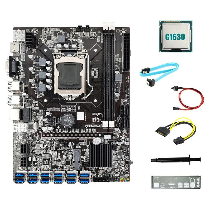 

B75 12USB BTC Mining Motherboard+G1630 CPU+SATA 15Pin To 6Pin Cable+SATA Cable+Switch Cable+Baffle+Thermal Grease