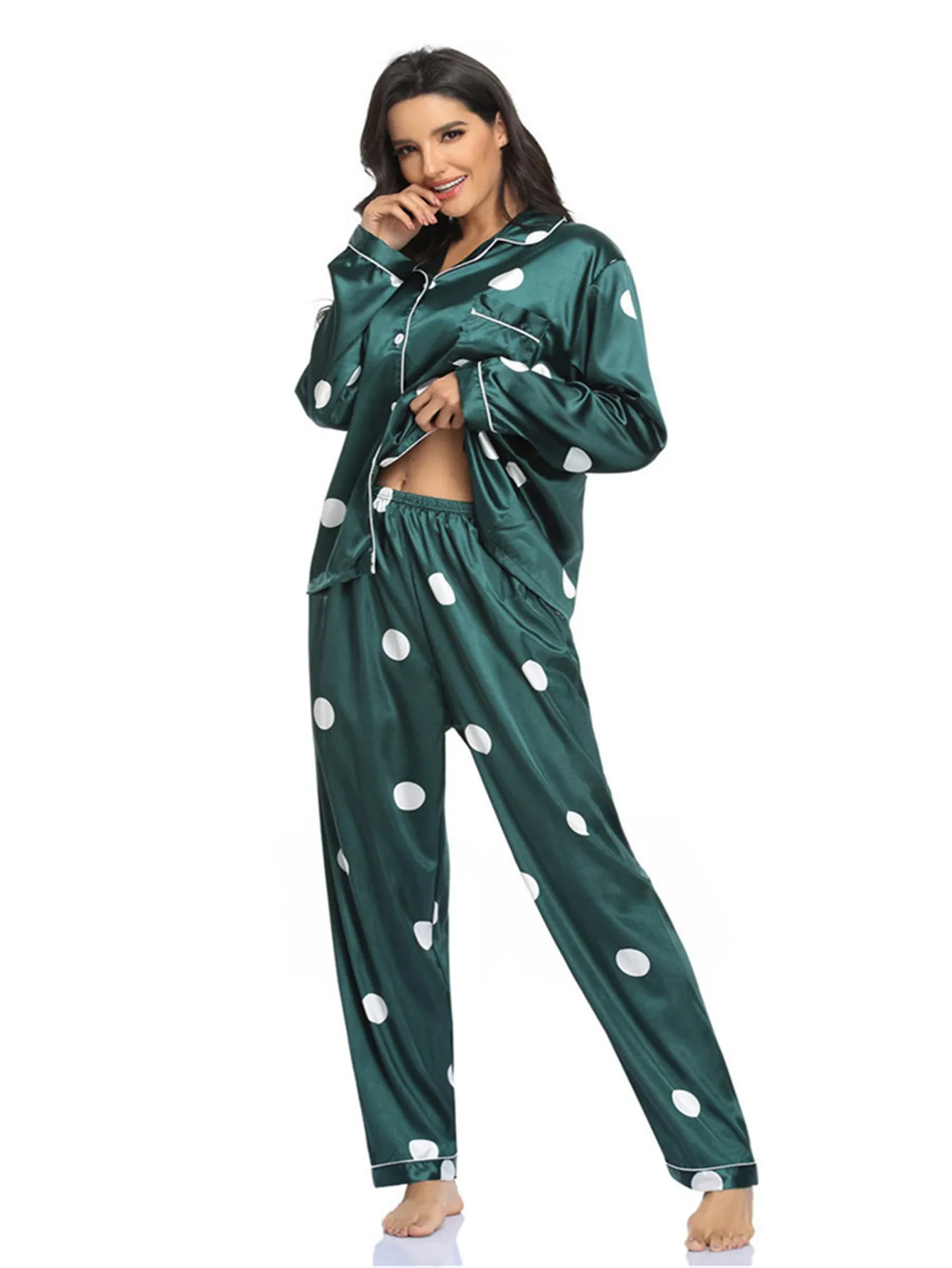 Pajamas Print Long Sleeves Shirt Pant Sleep Suit Lapel Home Clothing Women Sleepwear Ice Silk Homewear Cardigan 2pcs