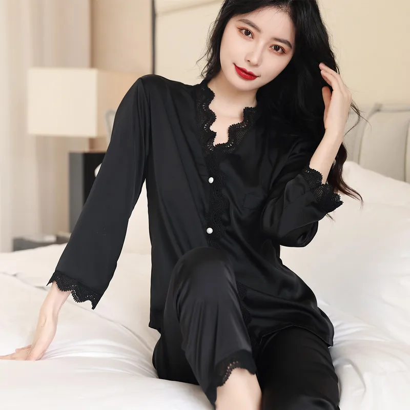 Spring Summer Sexy Silk Lace Long-Sleeved Trousers Pajamas Women's Suit Korean Style Solid Color Home Casual Homewear