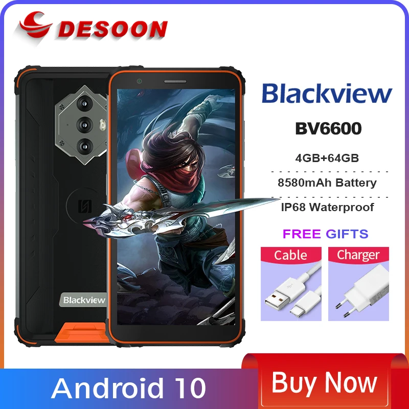 Blackview BV6600 IP68 Waterproof Smartphone 4GB+64GB 8580mAh Rugged Mobile Phone 5.7 FHD 16MP Camera Android 10 Unlock Phone US