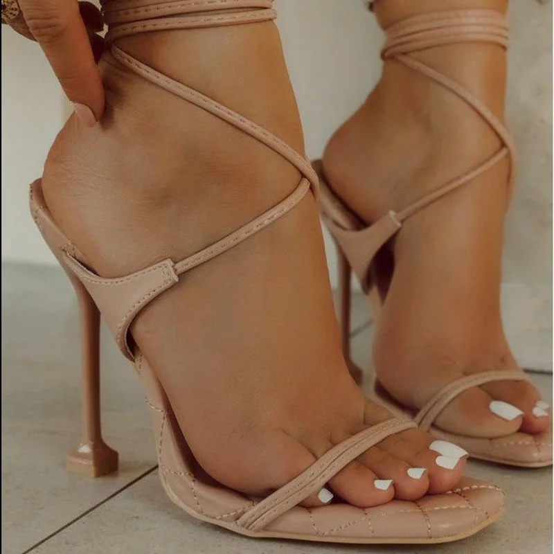 Europe Summer Sandals Candy Color Point Toe Ankle Strap Party High Heels Pumps Cross Tied Thin Heel Sandals Lady Shoes Woman