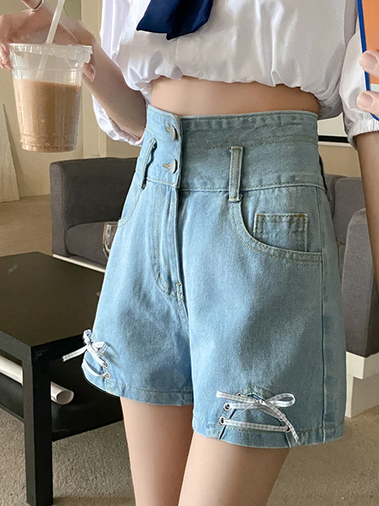 New Spring Summer Women High Waist Button Blue Denim Shorts Casual Female Wide Leg Lace Up Jeans Shorts Bottoms