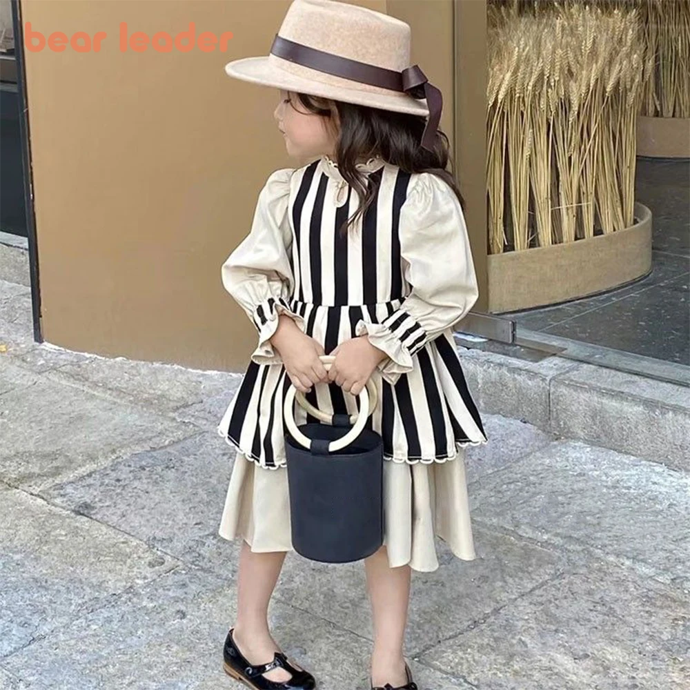 

Bear Leader Girls' Princess Dress 2023 Autumn New Children's Round Neck Lace Vertical Stripe Long Sleeve Dress Girls' Clothing