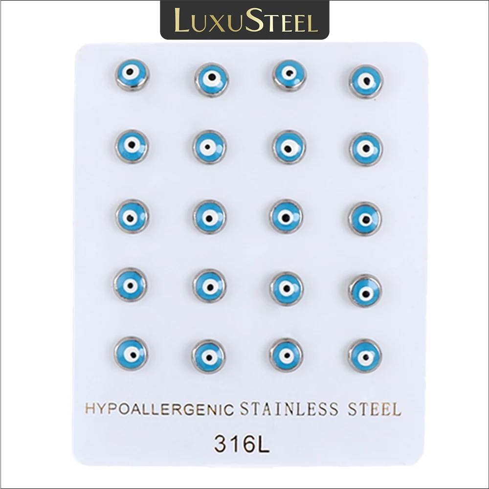 LUXUSTEEL 10Pairs Evil Eye Stud Earrrings For Women Men Stainless Steel Red Blue Turkish Eyes Ear Jewelry Accessories Wholesale