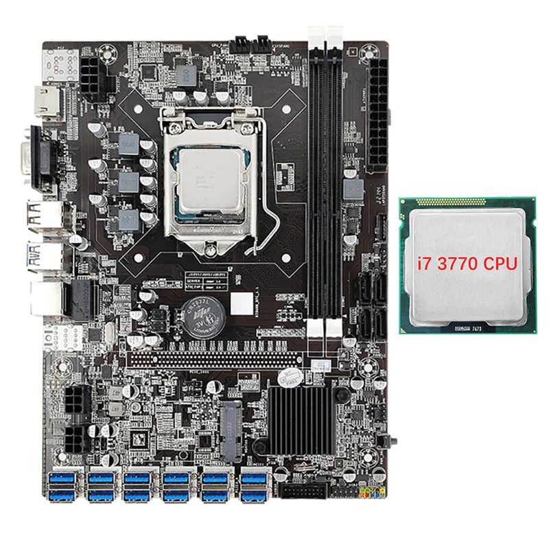 

B75 12 Card Mining Motherboard With I7 3770 CPU 12 USB3.0 To PCIE 1X GPU Slot LGA1155 DDR3 RAM SATA3.0 For BTC/ETH