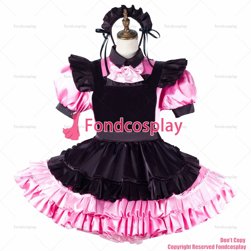 

fondcosplay adult sexy cross dressing sissy maid baby pink satin dress lockable Uniform black apron costume CD/TV[G2195]