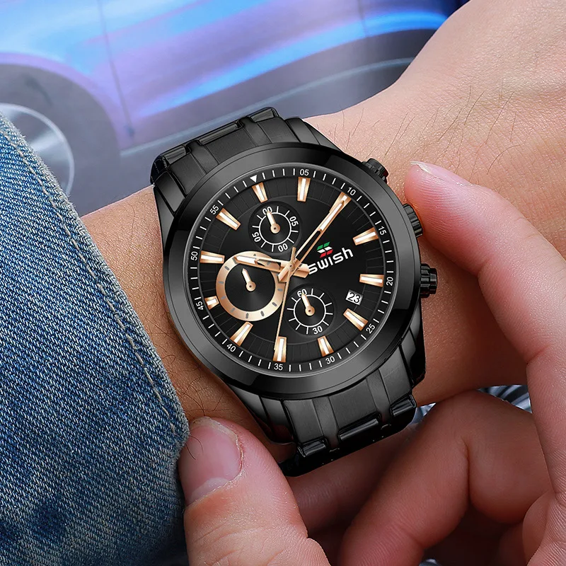 2023 Popular Europe and the United States three eyes six needle calendar waterproof 30 meters steel belt men's quartz watch