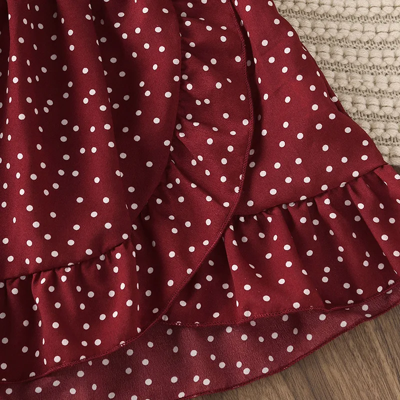 Children's Clothing for Girls 2022 Summer New Fashion Flying Sleeve Polka Dots Square Collar Top+Ruffled Skirt 2Pcs Suit Kids 6Y