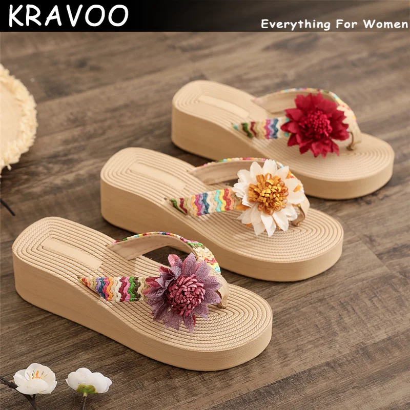 

KRAVOO Ethnic Flower Flip Flops Shoes for Women Braided Thong Slippers Platform Wedges Sandals Ladies Outside Beach Slides 2023