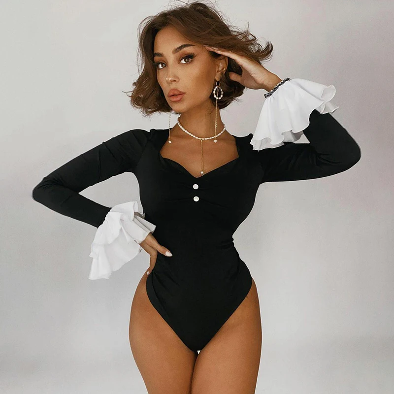 

Fashion New Ladys V-Neck Bodysuit Long-Sleeved Stitching Flared Cuffs Tight-Fitting Female Jumpsuit Black Skin-Friendly S M L