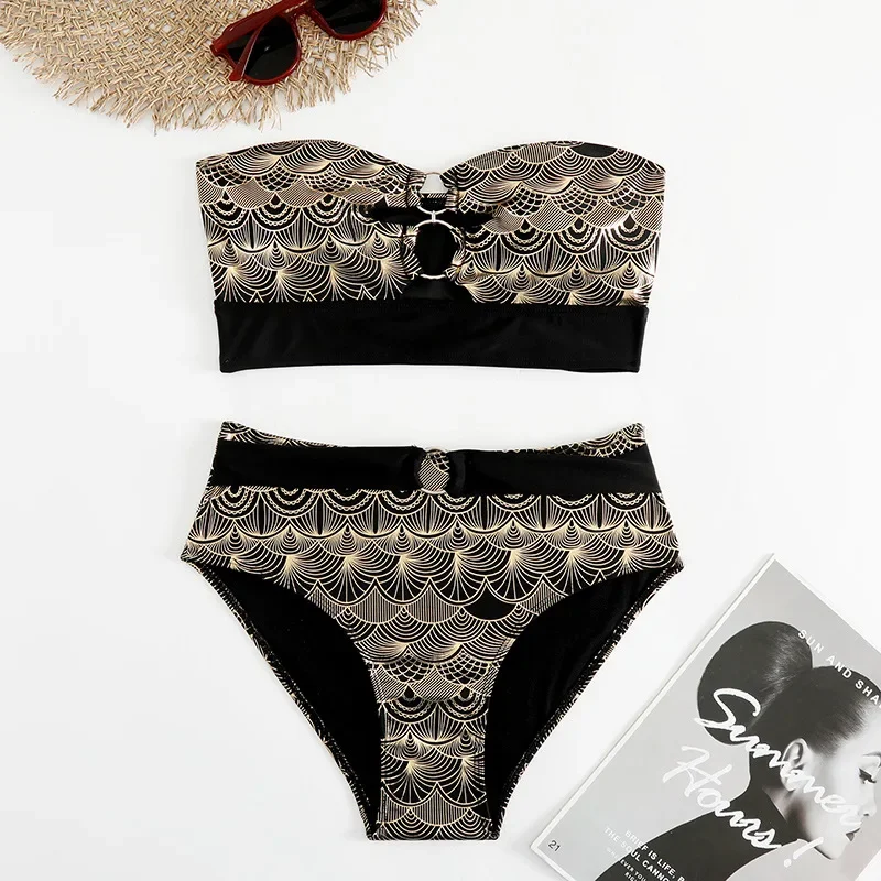 Золотой бронзовый купальник женский сексуальный бикини с высокой талией 2025