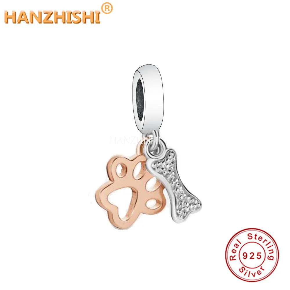 Authentic Real 925 Sterling Silver Rose Gold Dog Paw Bone Dangle Beads Charms Fit Original Bracelet Necklace Jewelry Berloque