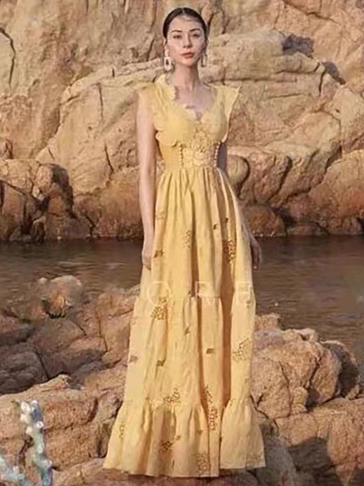 

Delocah High Quality Summer Women Fashion Designer Party Midi Dress Sleeveless Appliques Beading Cutout High Waist Solid Dresses