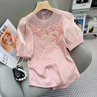 sweet style heavy embroidery sequins three dimensional flower mesh puff sleeve 2022 summer new round neck shirt womens blouse