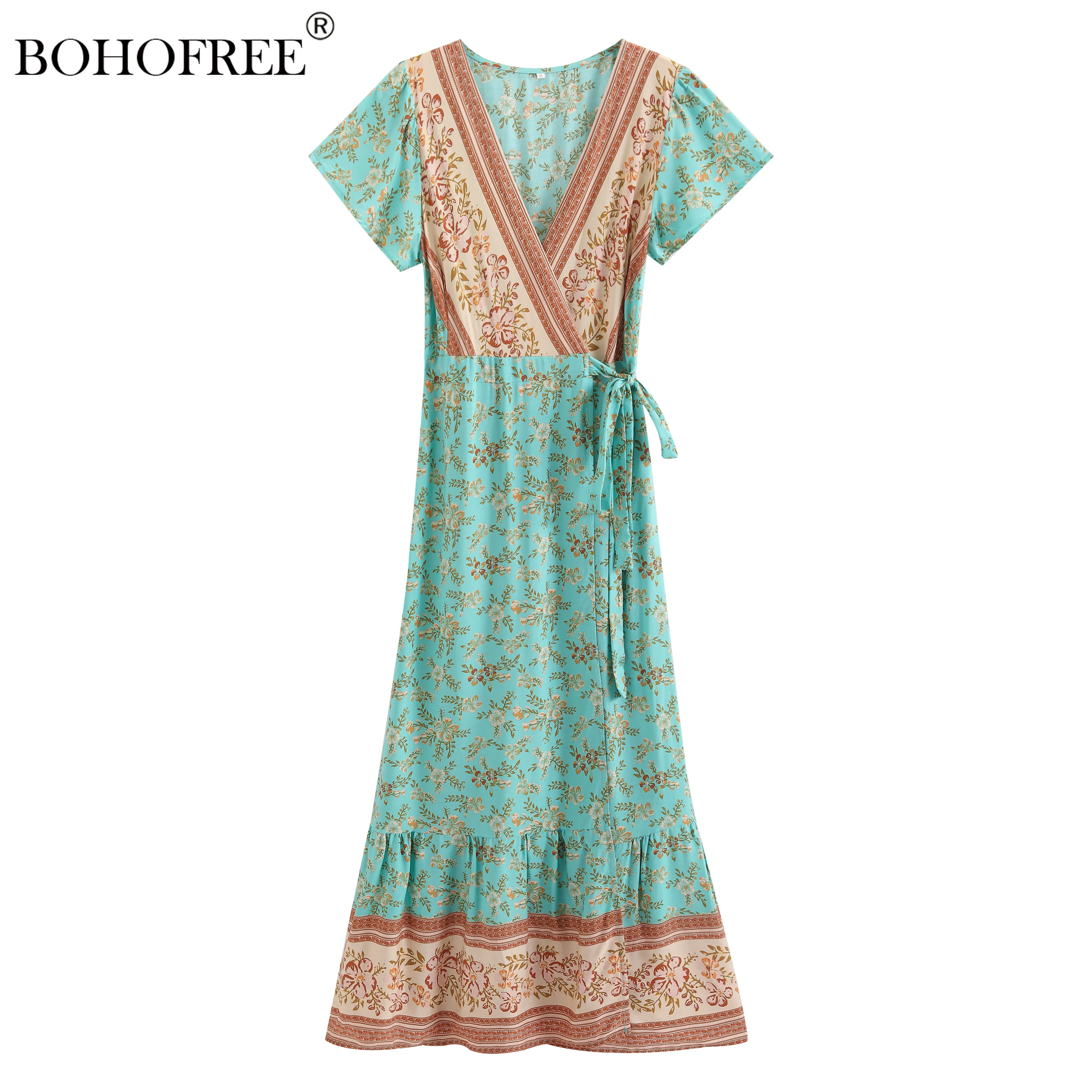 

Vintage Boho Flroal Print Wrap Dress V Neck Sashes Holiday Beach Dress Maxi Hippie Mujer Rayon Cotton Women Dresses
