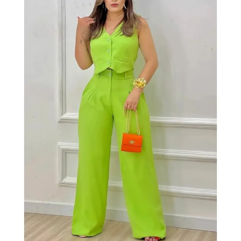Set Casual Two Piece Suit Sets Women Outfits Set Summer Outwear 2023 Women Sleeveless Buttoned V-neck Crop Top High Waist Pants
