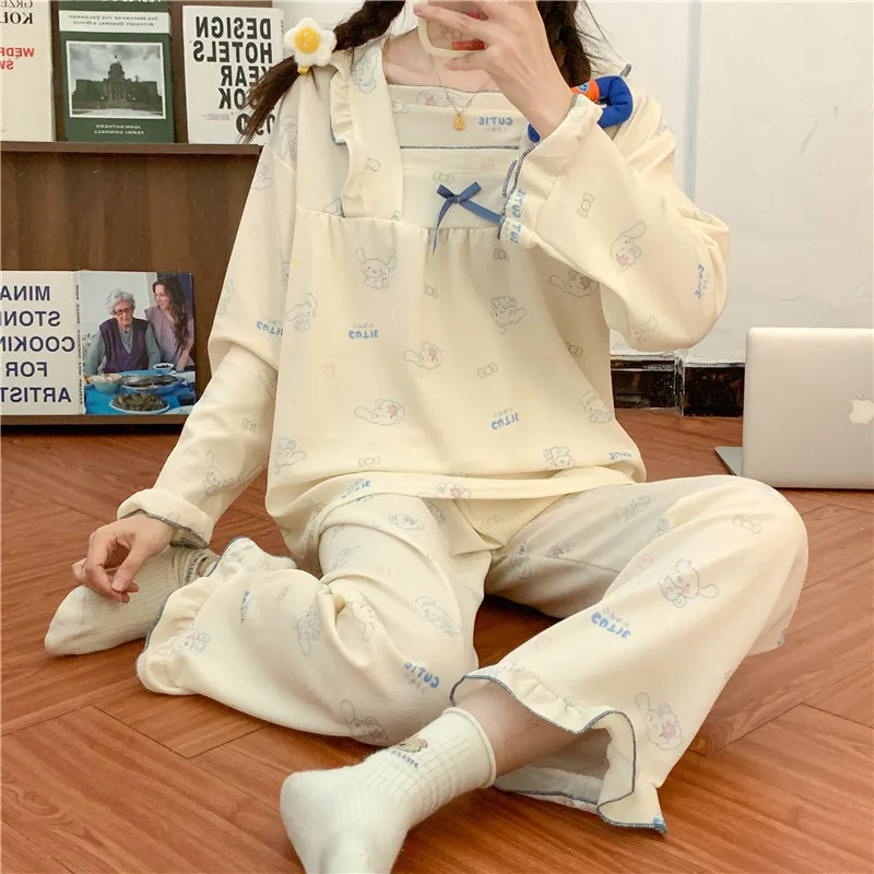 CAIYIER New 2022 Autumn Winter Women Pajamas Set Korean Grid Girls Nightwear Long Sleeve Pants Sleepwear Soft Kawaii Home Suit