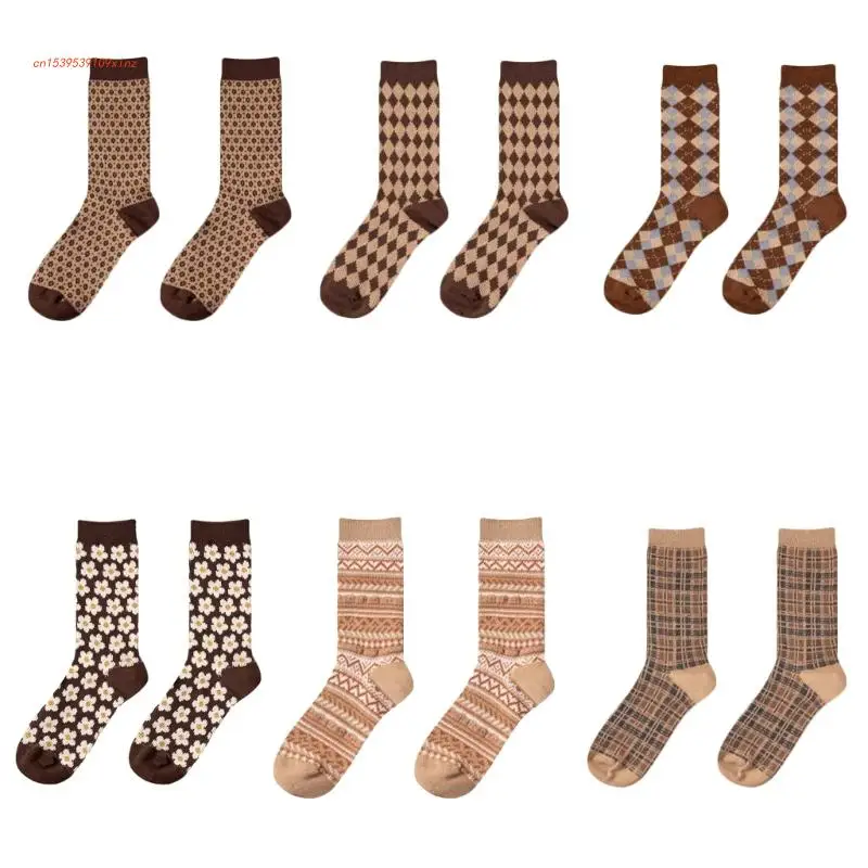 

6 Pair Harajuku College Style Women Retro Geometric Pattern Crew Socks Stockings