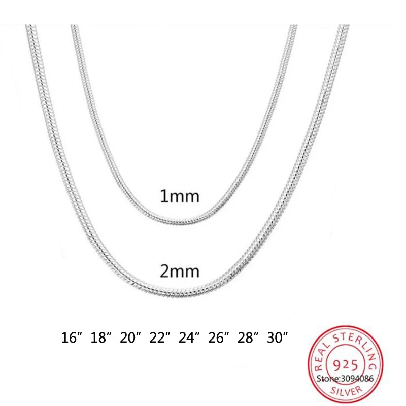 

1mm/2mm Thin Real 925 Sterling Silver Snake Chain 16-30inch Necklace Women Girls Kids Children Jewelry kolye collares collier