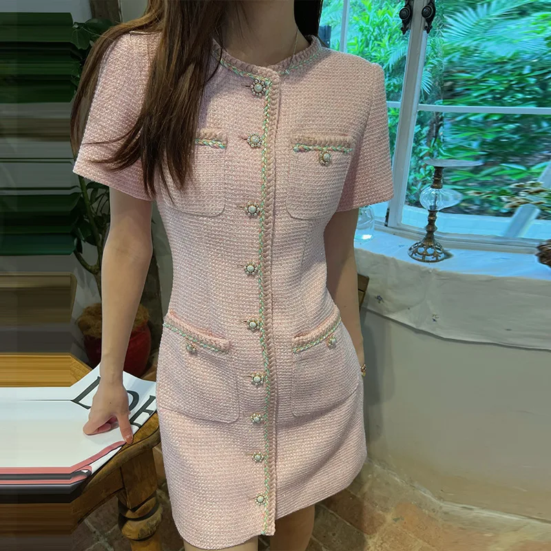 Women Elegant Short Sleeves Tweed Vintage Round Collar Shiny Pearl Button High Quality Mini Luxury Pink One Piece Korea Dress