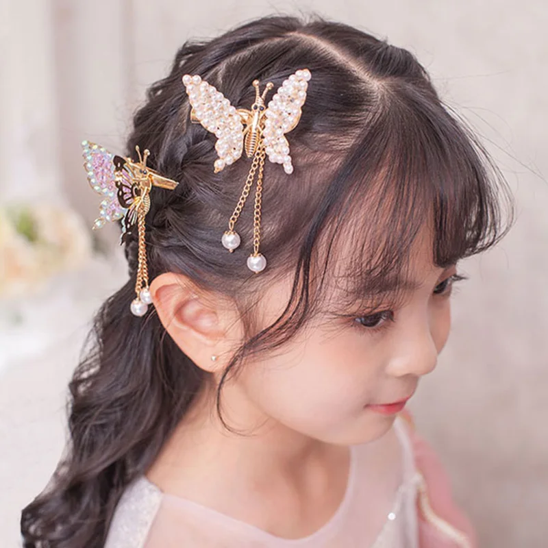 

New Cute Moving Butterfly Hairpin Pearl Tassel Butterfly Hair Clip Ancient Shiny Rhinestone Barrette Alloy Hair Clip Headdress