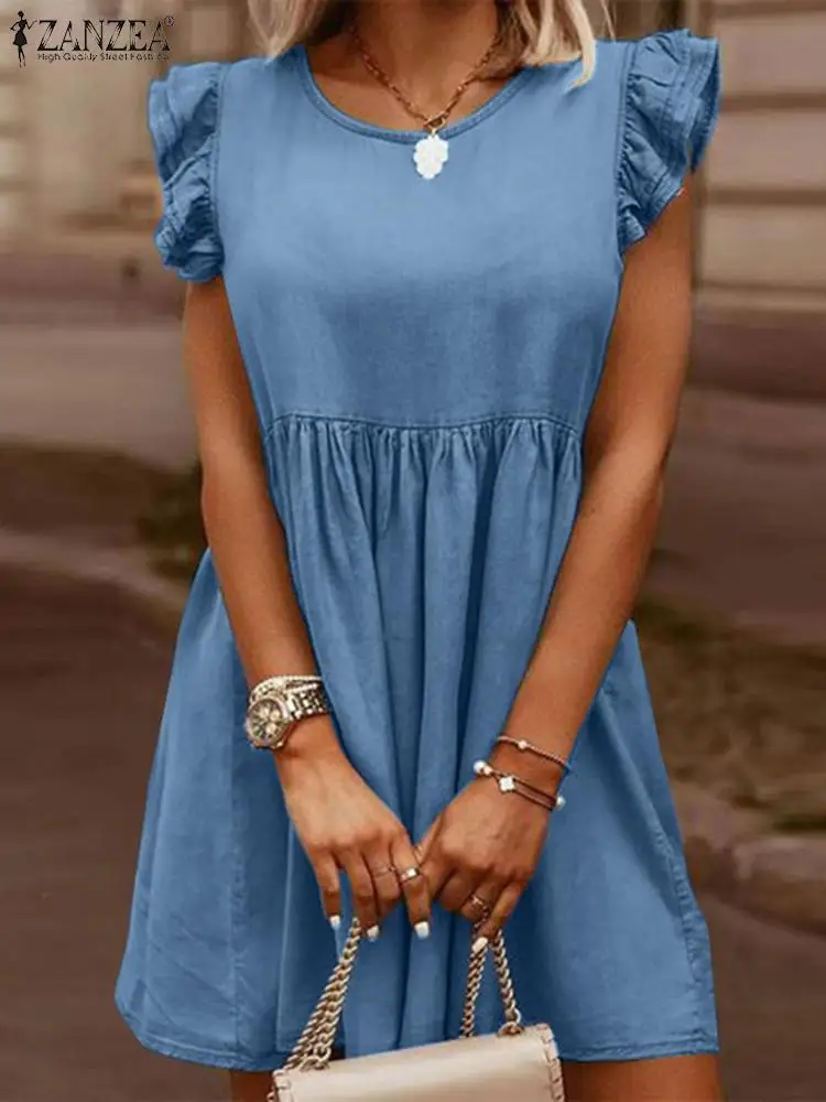 

Элегантное праздничное платье ZANZEA, винтажный темно-синий сарафан, женское Короткое платье без рукавов с круглым вырезом, летние платья на бретелях, богемный Халат