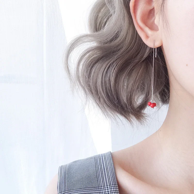 Long Bean Red Cherry Stud Earrings Korean Style Tassel Drop For Women Students Fashion Jewelry Hoop