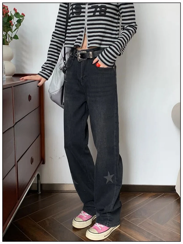 HOUZHOU Black Straight Jeans Women Baggy Star Girl Y2k Harajuku Korean Streetwear Vintage High Waist Denim Pants Acubi Fashion