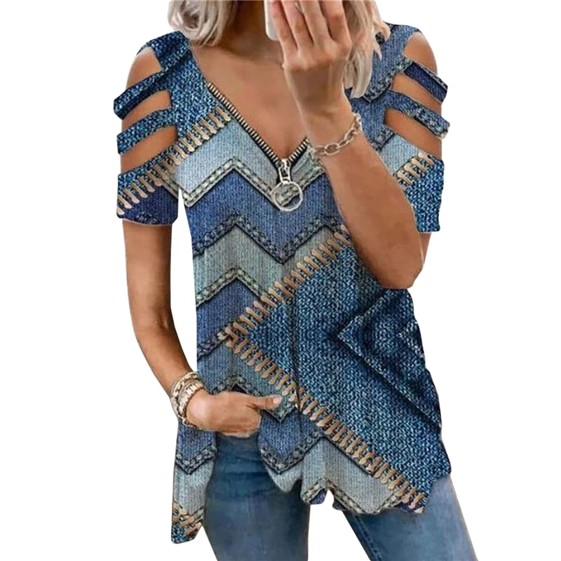 

Women's T-Shirt 2022 Summer Fashion Print Floral V-Neck Zipper Tshirt Hollow Pullover Casual Loose Ladies Top Tee Shirt