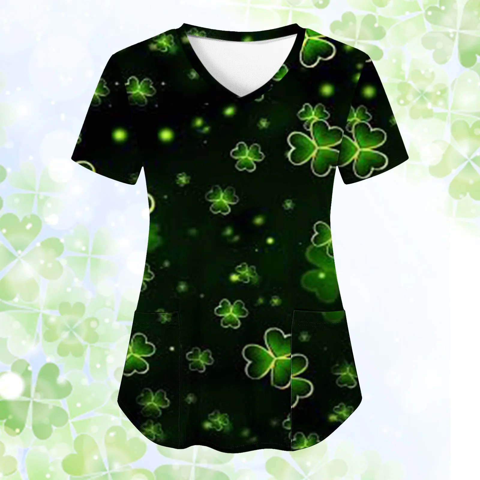 

Womens V Neck Casual Lucky Leaf Print Short Sleeve Pocket Compression Long Sleeve Women Womens Long Sleeve Compression Shirt