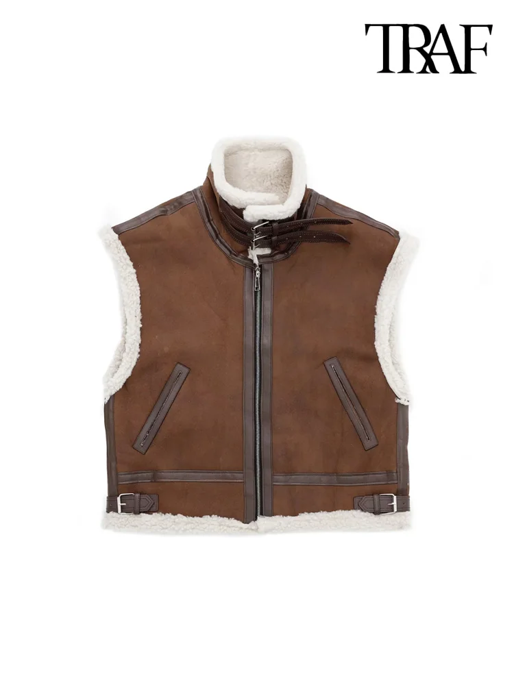 

TRAF Women Fashion Thick Warm Faux Shearling Loose Waistcoat Vintage Sleeveless Front Zipper Female Outerwear Chic Vest Tops