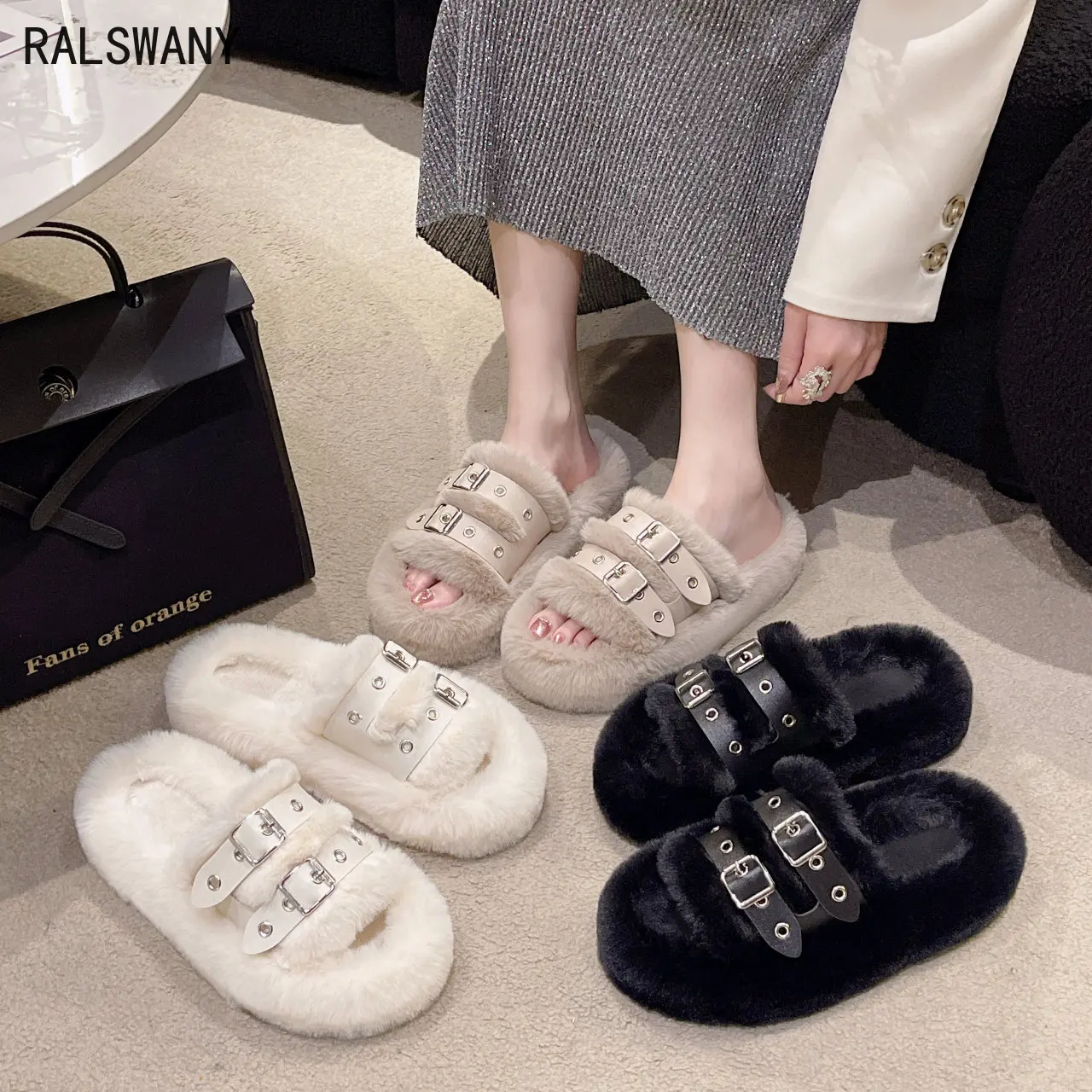 Concise Women's Flat Slippers with Faux Fur Soft Home Cotton Shoes 2023 New Arrival Warm Slippers Women Med (3cm-5cm)