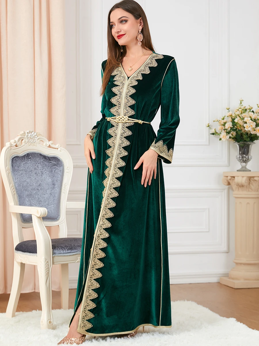 Dresses For Women 2023 Luxury Designer Abaya Floral Embroidery Guipure Lace Panel Belted Kaftan Velvet Long Sleeve Party Dresses