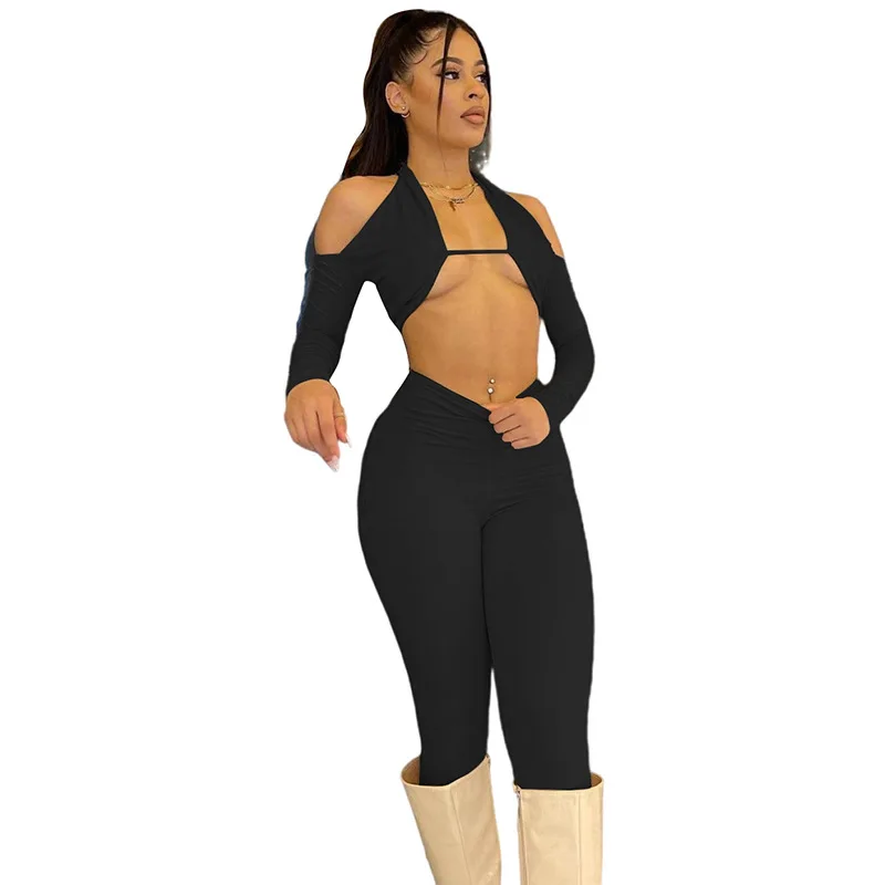 

Sexy Halter Hollow Out Two Piece Set Women Solid Off Shoulder Long Sleeve Cleavage Crop Tops+ Skinny Pants Streetwear Suit