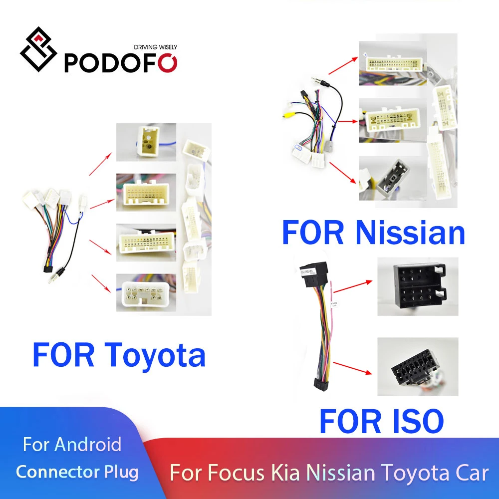 Podofo 2 din car Android radio cable for Volkswagen ISO Hyundai Kia Honda Toyota Nissan Ford Universal Adapter Connector Plug